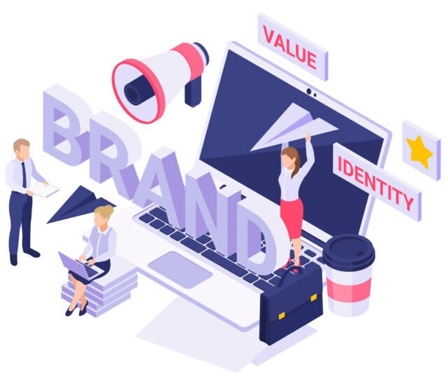 Isometric icon with people working on new brand strategy 3d vector illustration