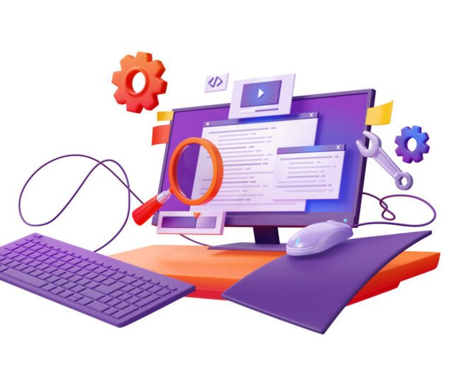 3d render code testing, functional test, programming, search errors and bugs. Website platform development, dashboard usability optimization, computer on desk, magnifier, wrench, Cartoon illustration